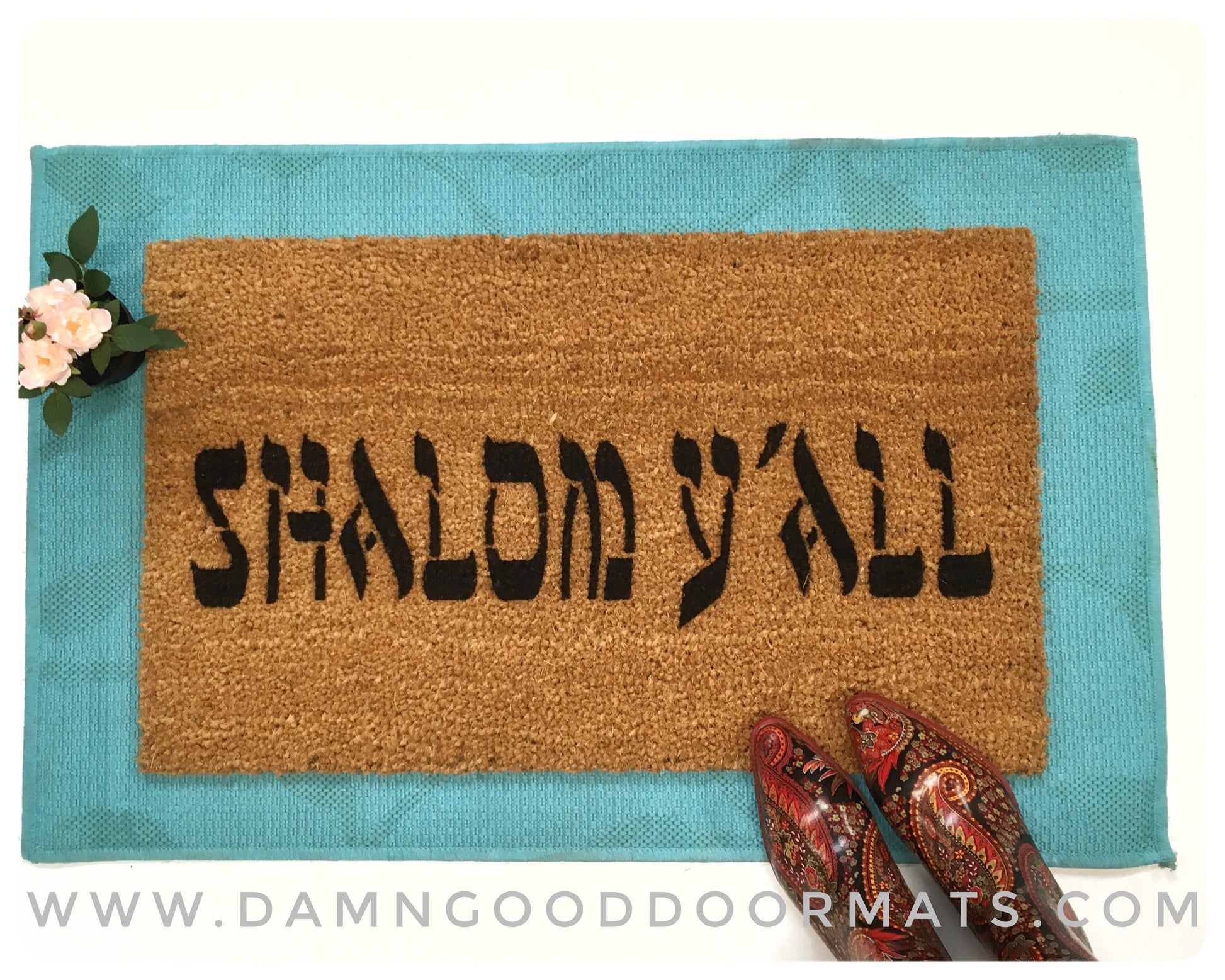 Promotional graphic for an all natural, sustainable, eco-friendly coir doormat made by Damn GoodDoormats