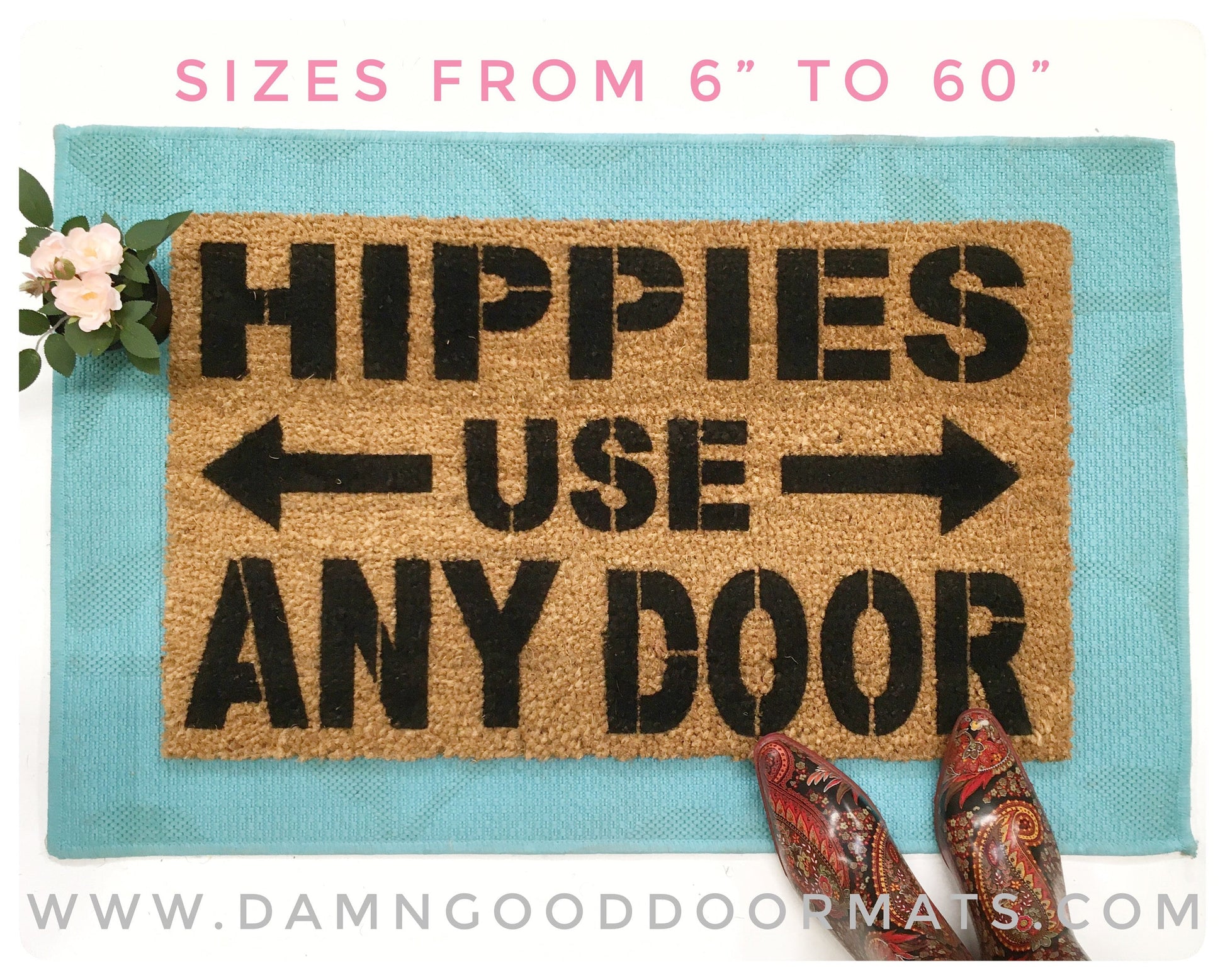 Promotional graphic for an all natural, sustainable, eco-friendly coir doormat made by Damn GoodDoormats