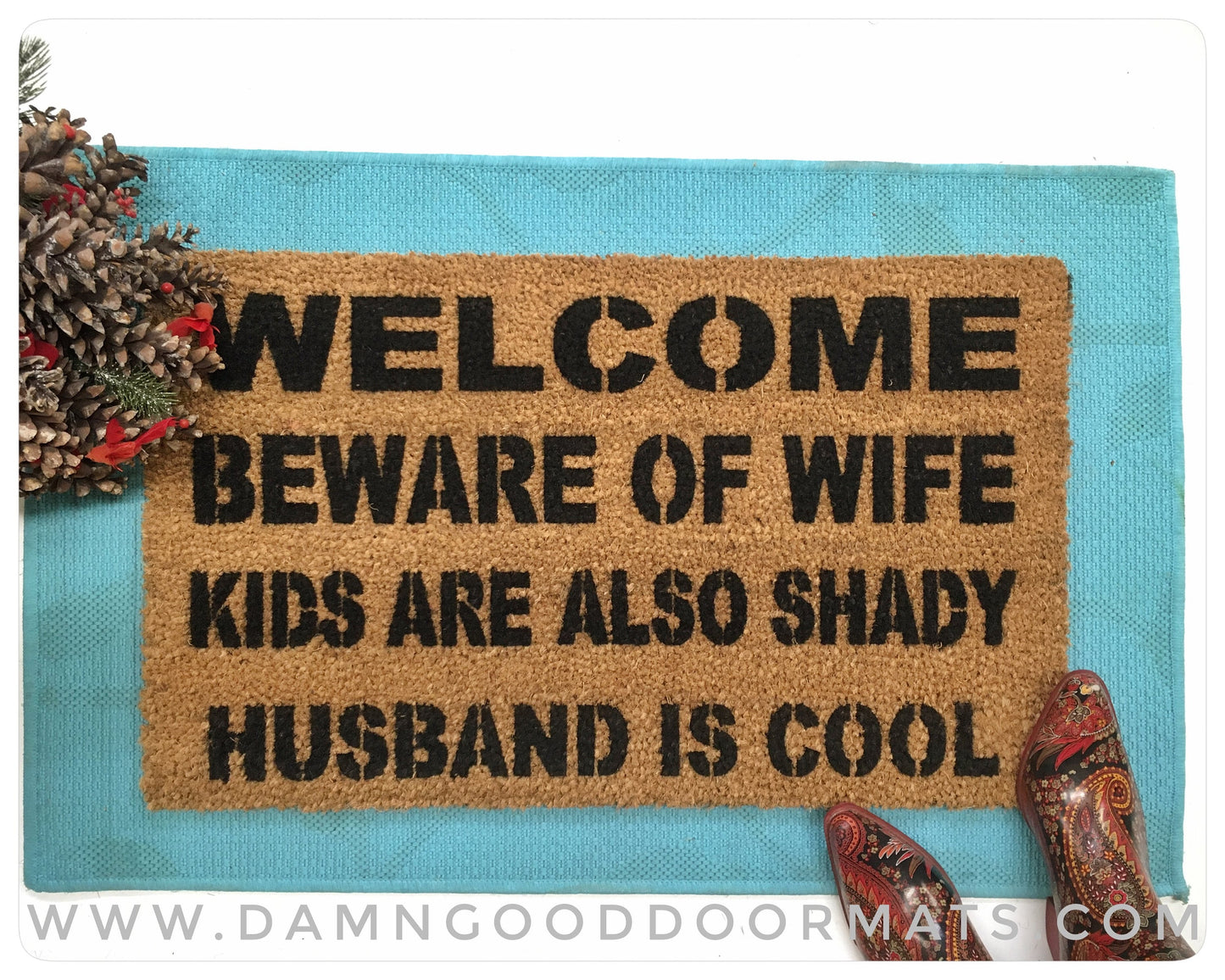 Promotional graphic for an all natural, sustainable, eco-friendly coir doormat made by Damn GoodDoormats