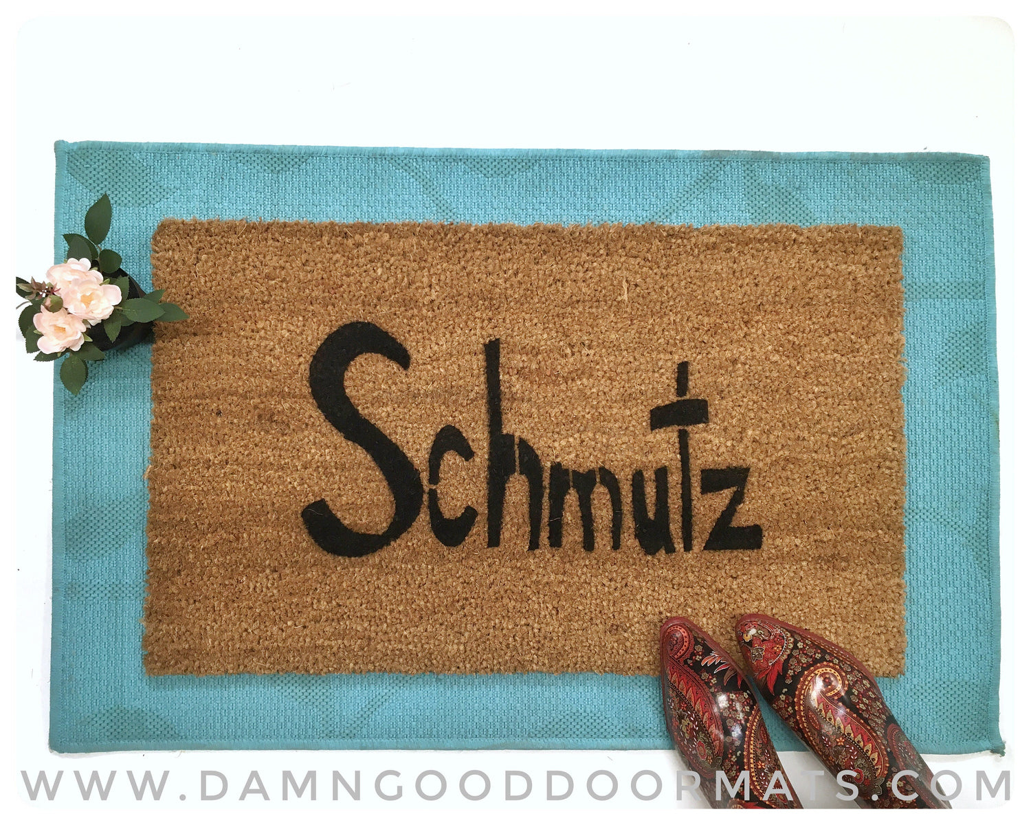 Promotional graphic for an all natural, sustainable, eco-friendly coir doormat made by Damn GoodDoormats