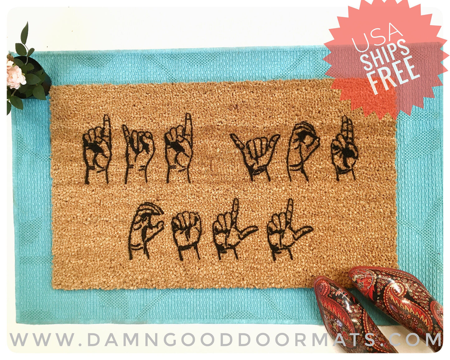 Promotional graphic for an all natural, sustainable, eco-friendly coir doormat made by Damn GoodDoormats