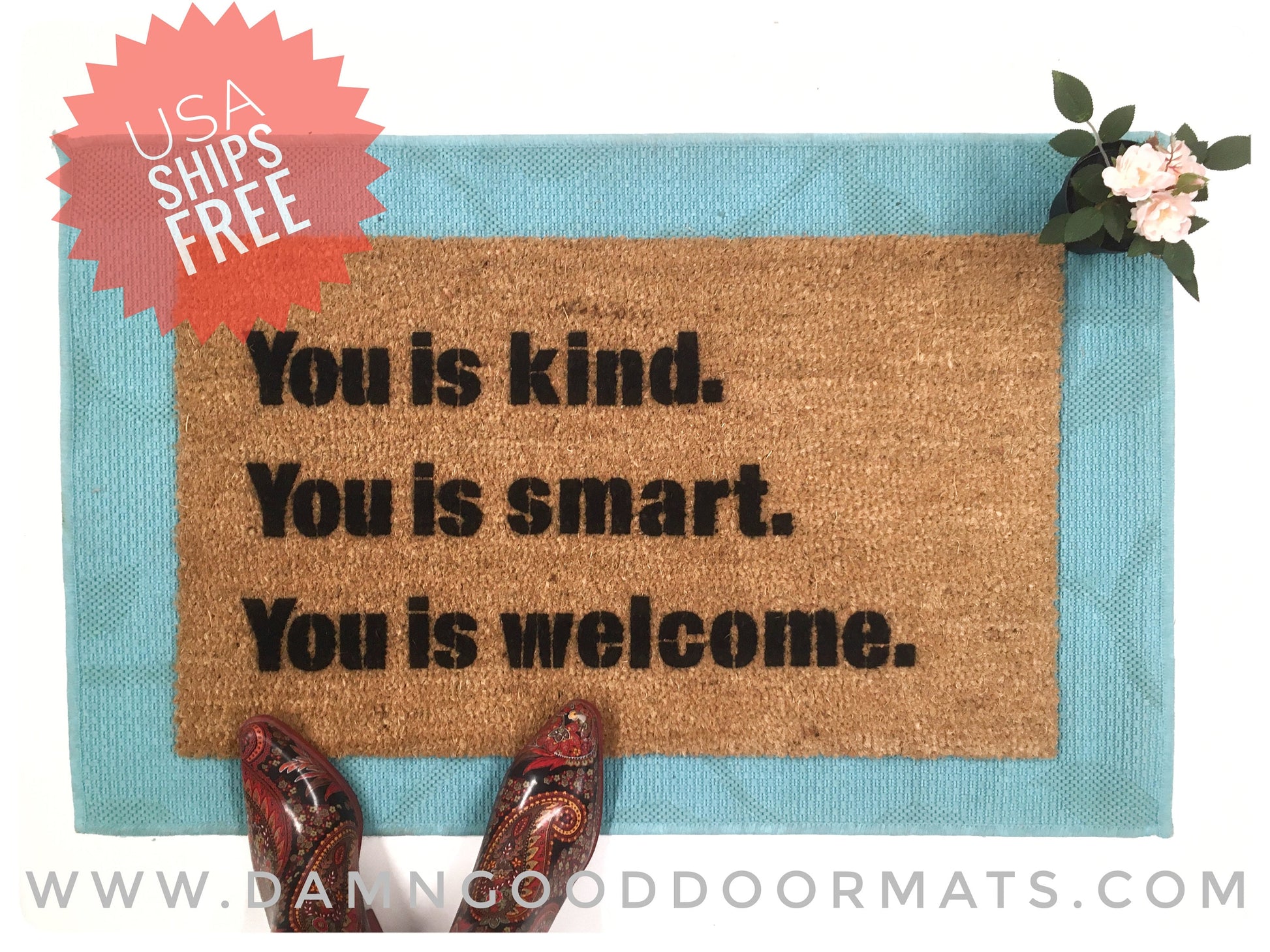 Promotional graphic for an all natural, sustainable, eco-friendly coir doormat made by Damn GoodDoormats