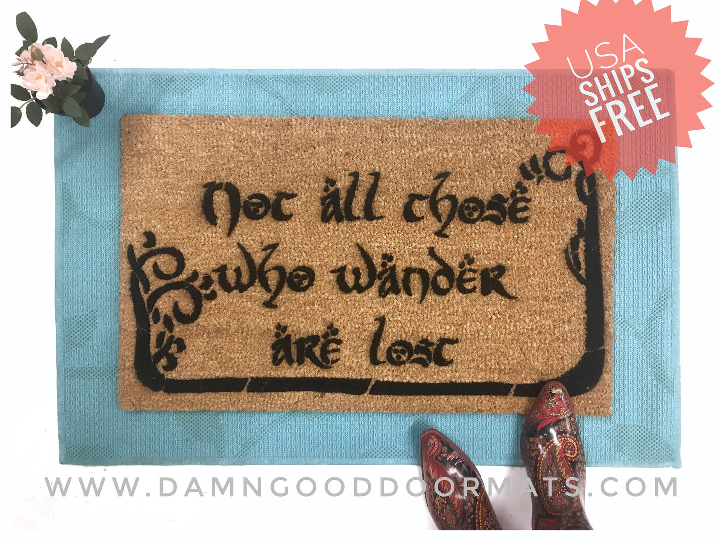 Promotional graphic for an all natural, sustainable, eco-friendly coir doormat made by Damn GoodDoormats