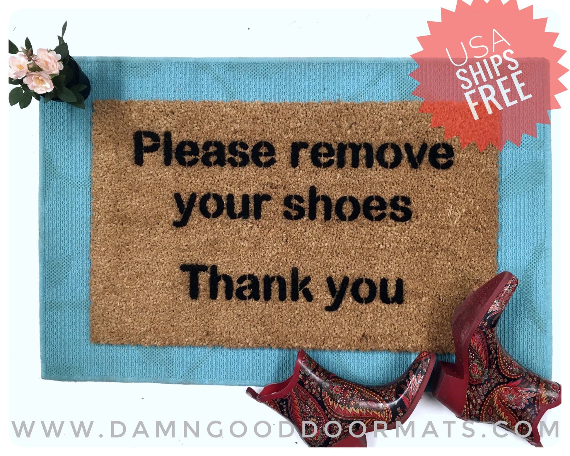 Promotional graphic for an all natural, sustainable, eco-friendly coir doormat made by Damn GoodDoormats