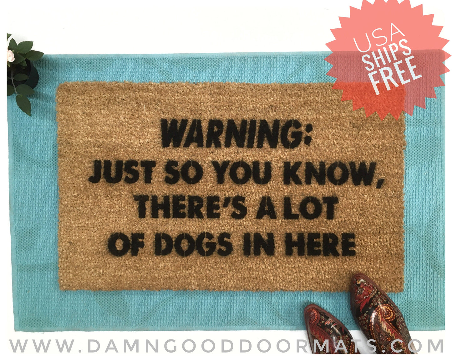 Promotional graphic for an all natural, sustainable, eco-friendly coir doormat made by Damn GoodDoormats