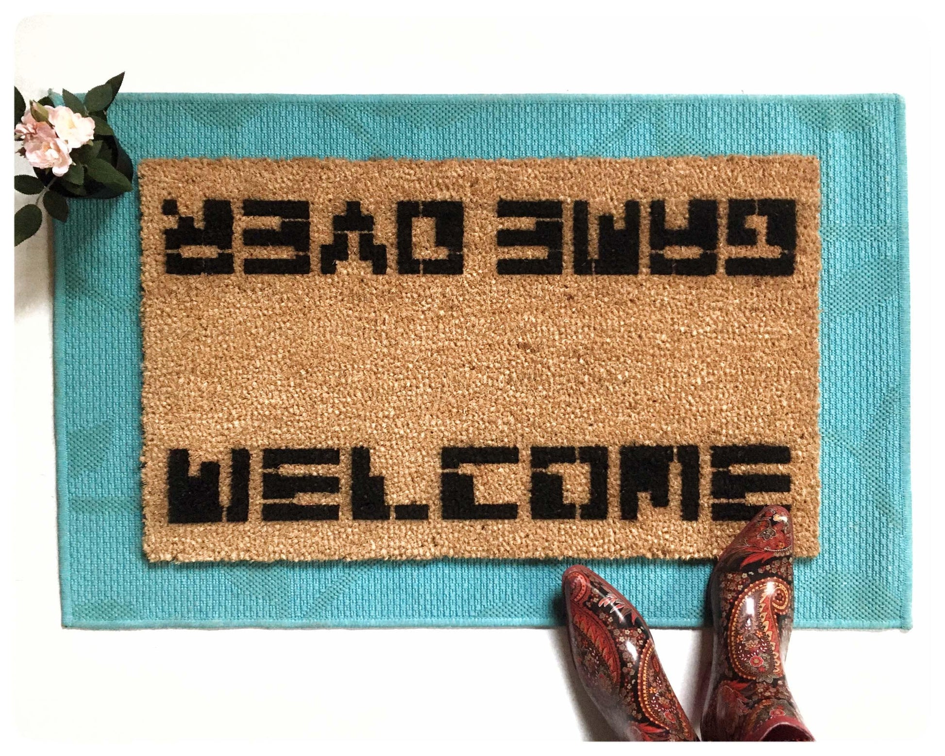 Promotional graphic for an all natural, sustainable, eco-friendly coir doormat made by Damn GoodDoormats