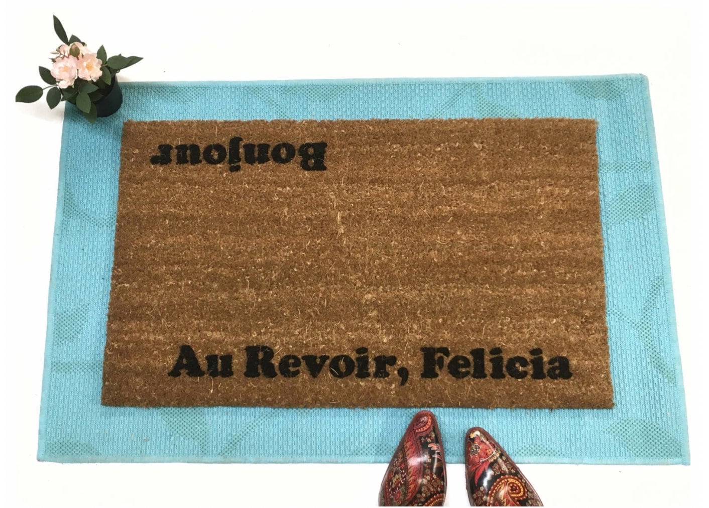 Promotional graphic for an all natural, sustainable, eco-friendly coir doormat made by Damn GoodDoormats