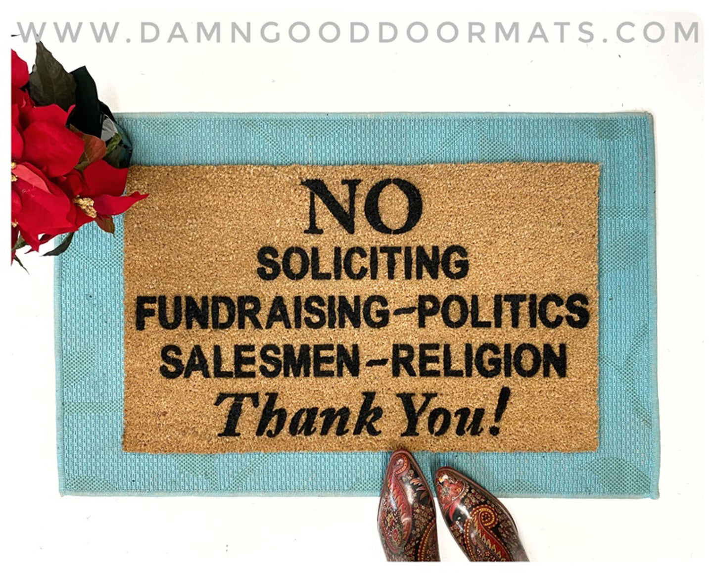 No Soliciting Fundraising Politics Salesmen Religion Falwell door sign go away rude funny doormat do not disturb boyfriend gift for him