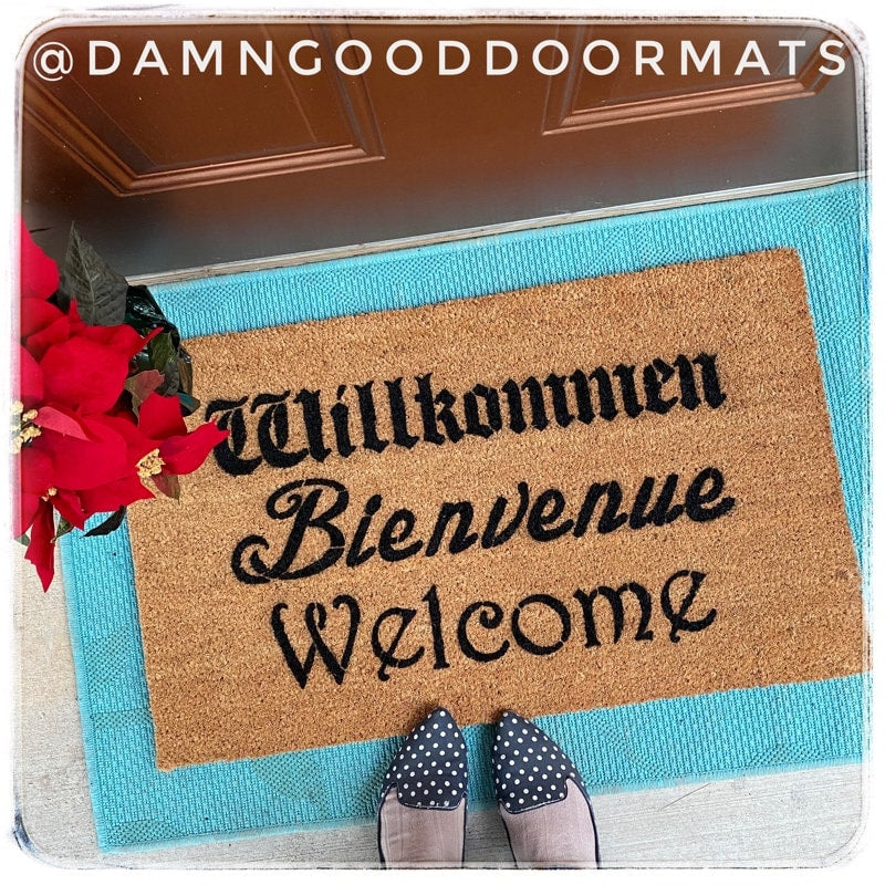 Promotional graphic for an all natural, sustainable, eco-friendly coir doormat made by Damn GoodDoormats