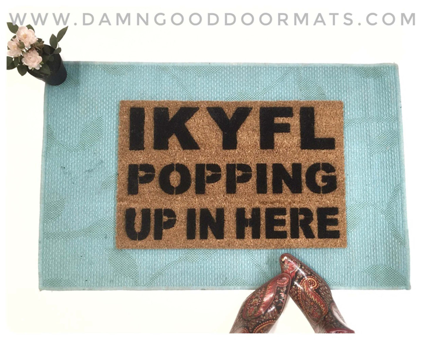 Promotional graphic for an all natural, sustainable, eco-friendly coir doormat made by Damn GoodDoormats