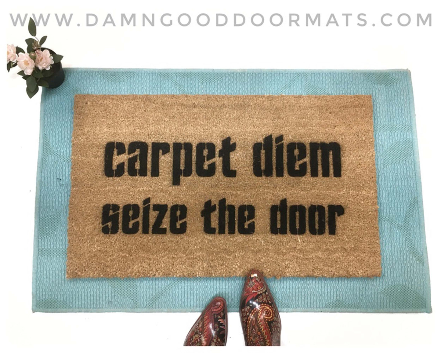 Promotional graphic for an all natural, sustainable, eco-friendly coir doormat made by Damn GoodDoormats