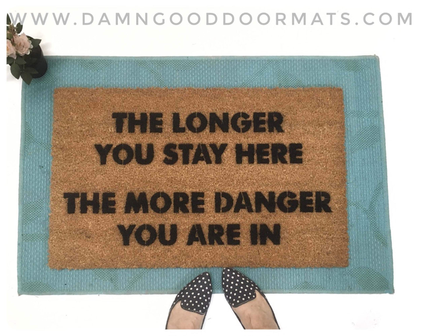 Promotional graphic for an all natural, sustainable, eco-friendly coir doormat made by Damn GoodDoormats