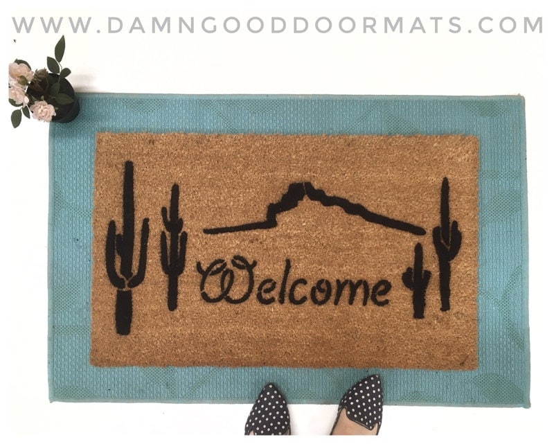 Promotional graphic for an all natural, sustainable, eco-friendly coir doormat made by Damn GoodDoormats