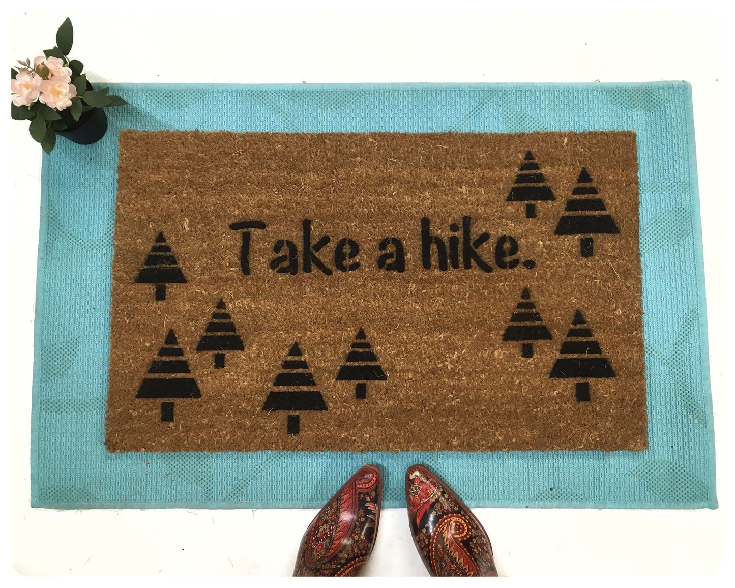 Take a hike go away sign get outdoors funny doormat rude camping mountains tress forest outdoorsman  gift for men doormatt new house gift