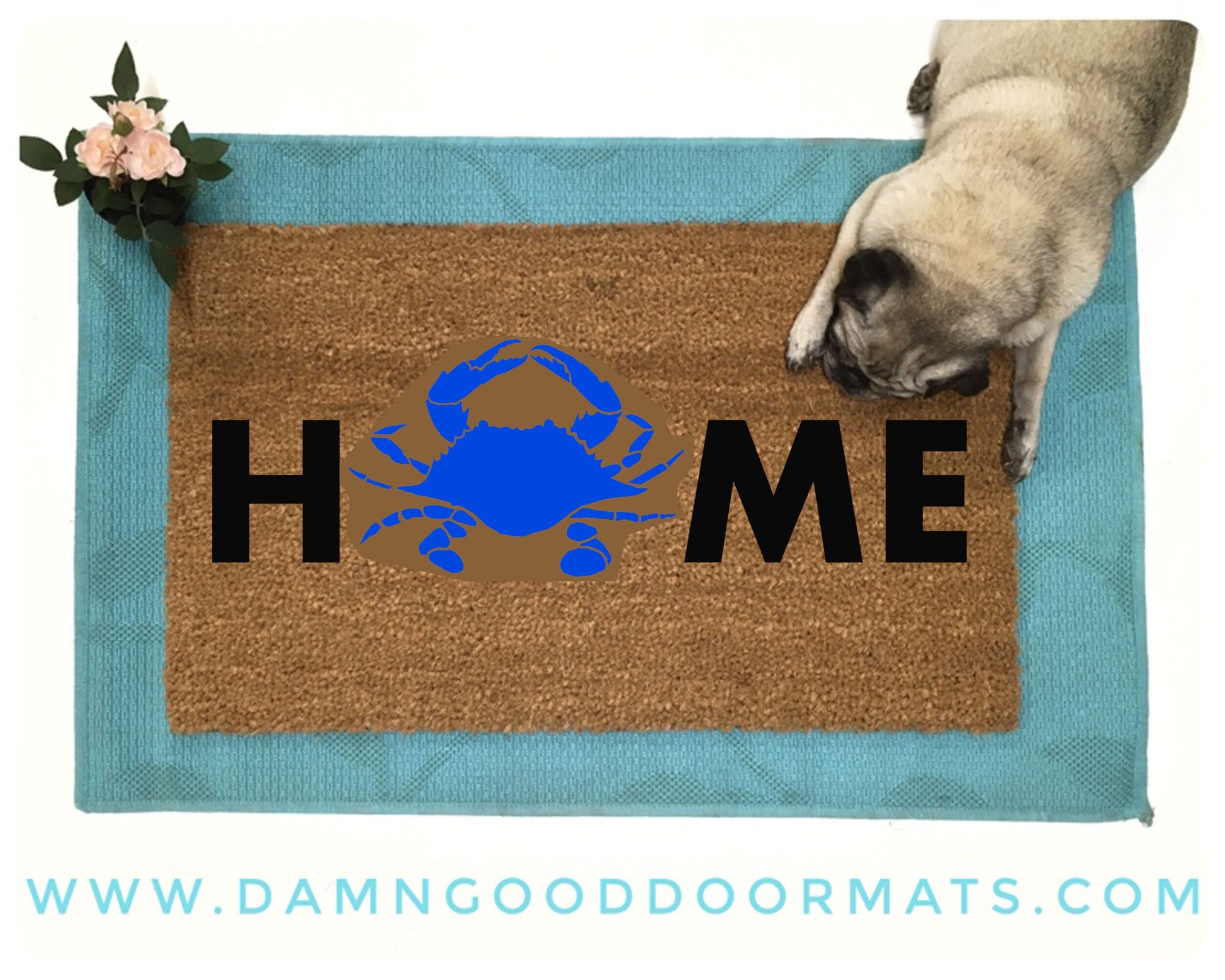 Promotional graphic for an all natural, sustainable, eco-friendly coir doormat made by Damn GoodDoormats