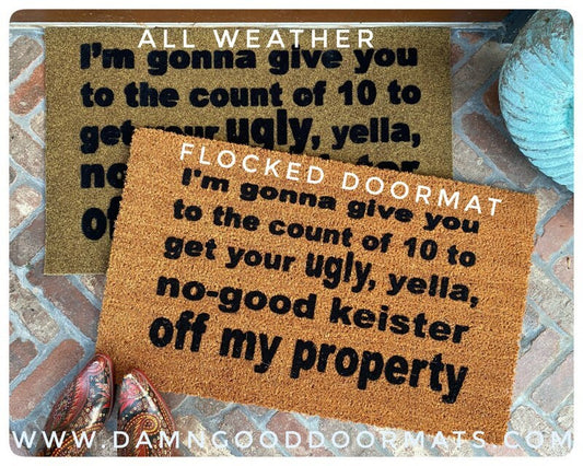 Promotional graphic for an all natural, sustainable, eco-friendly coir doormat made by Damn GoodDoormats