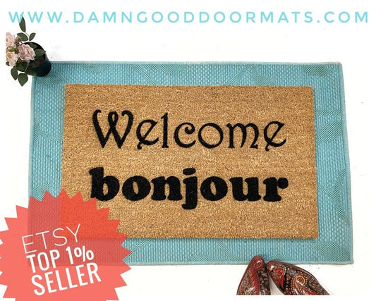 Promotional graphic for an all natural, sustainable, eco-friendly coir doormat made by Damn GoodDoormats