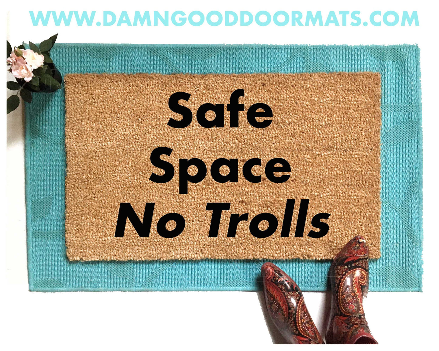 Promotional graphic for an all natural, sustainable, eco-friendly coir doormat made by Damn GoodDoormats