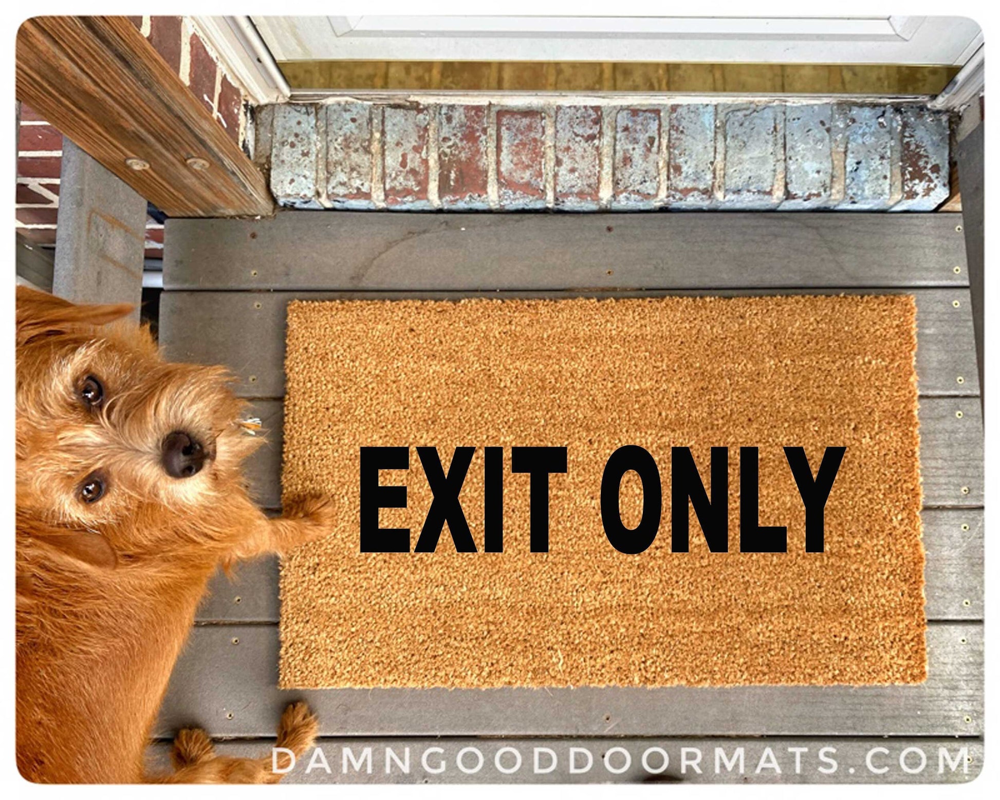 Promotional graphic for an all natural, sustainable, eco-friendly coir doormat made by Damn GoodDoormats