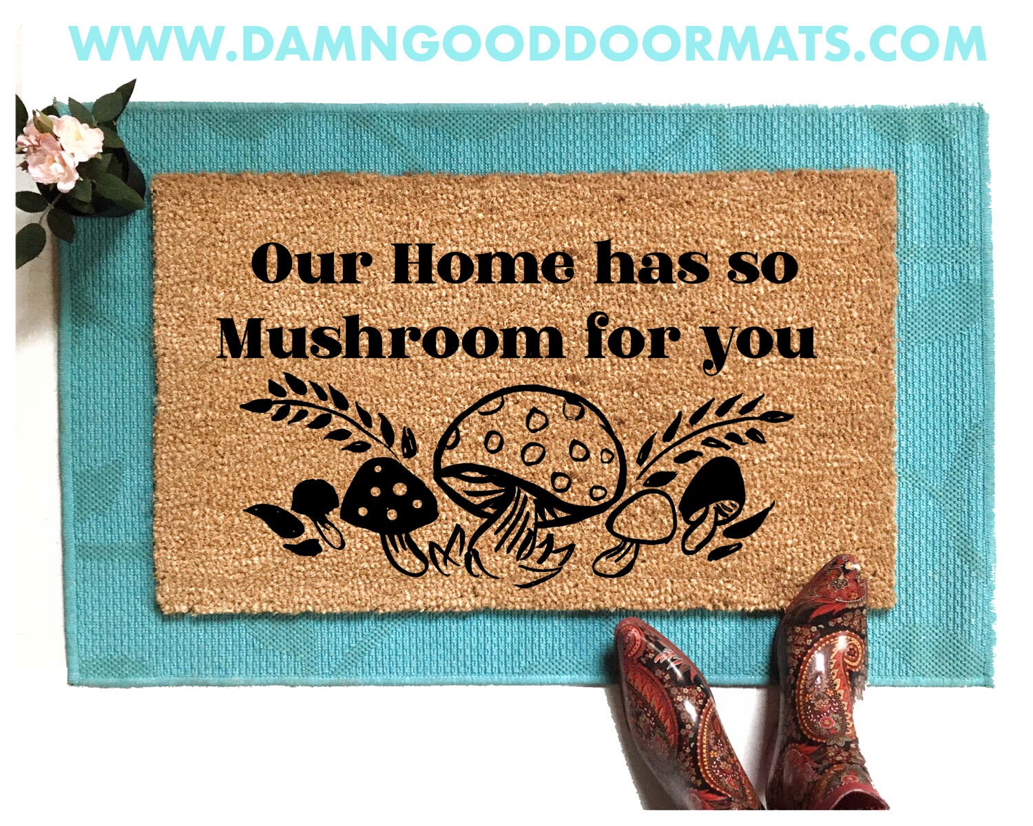 Promotional graphic for an all natural, sustainable, eco-friendly coir doormat made by Damn GoodDoormats