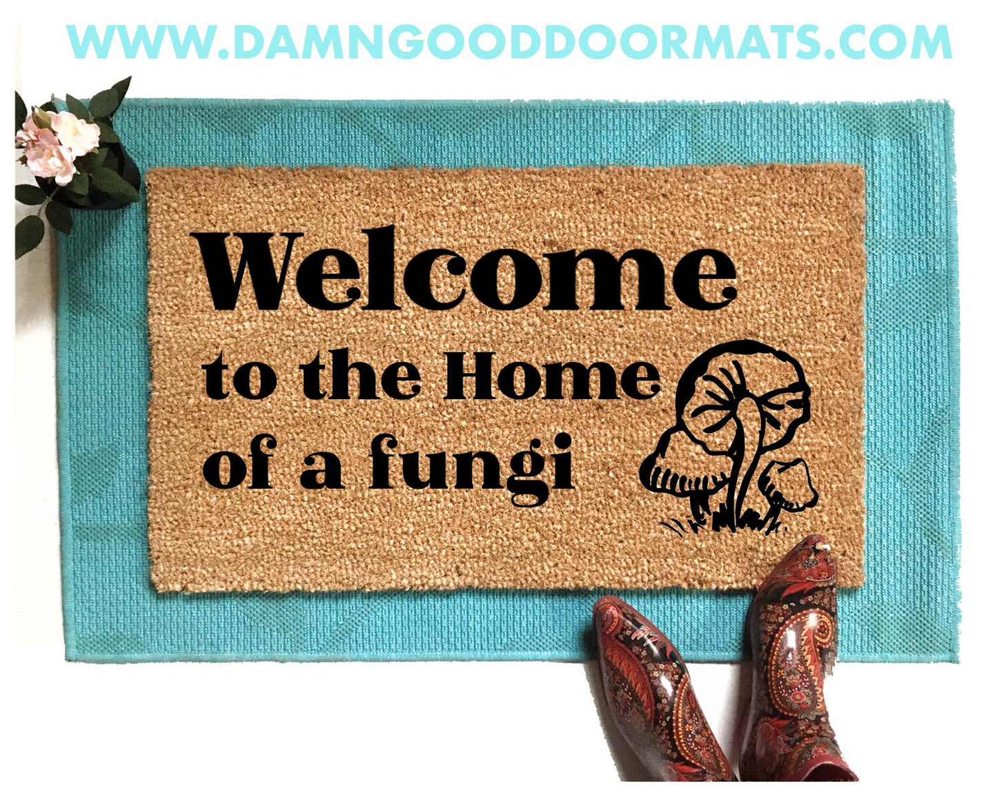 Promotional graphic for an all natural, sustainable, eco-friendly coir doormat made by Damn GoodDoormats