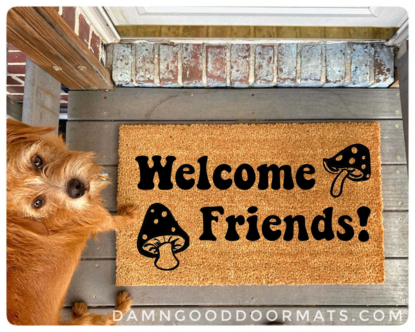 Promotional graphic for an all natural, sustainable, eco-friendly coir doormat made by Damn GoodDoormats