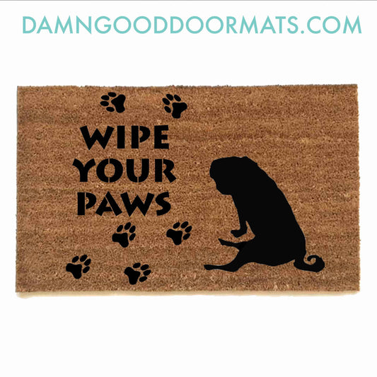 wipe your paws doormat with a pug silhouette