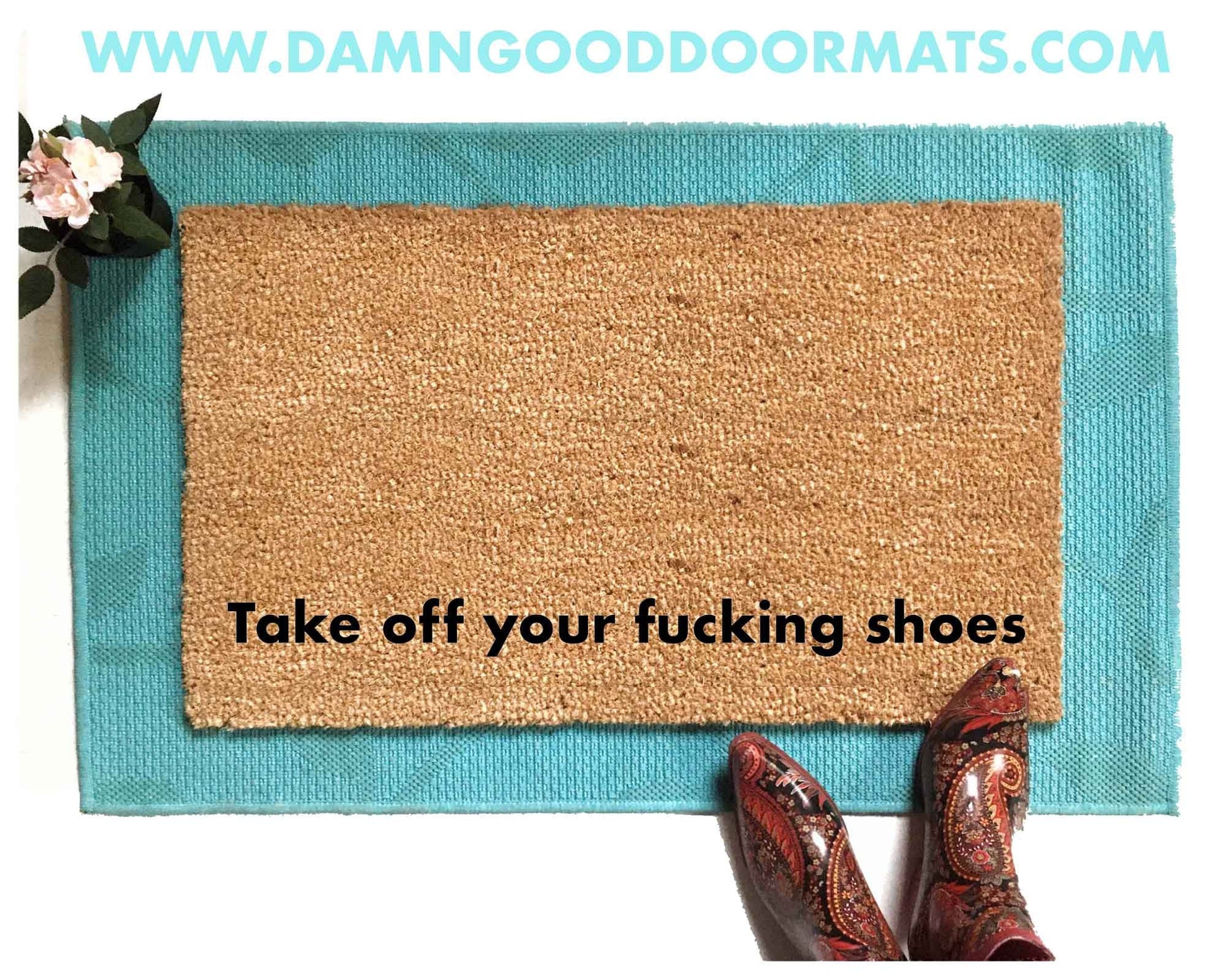 Promotional graphic for an all natural, sustainable, eco-friendly coir doormat made by Damn GoodDoormats