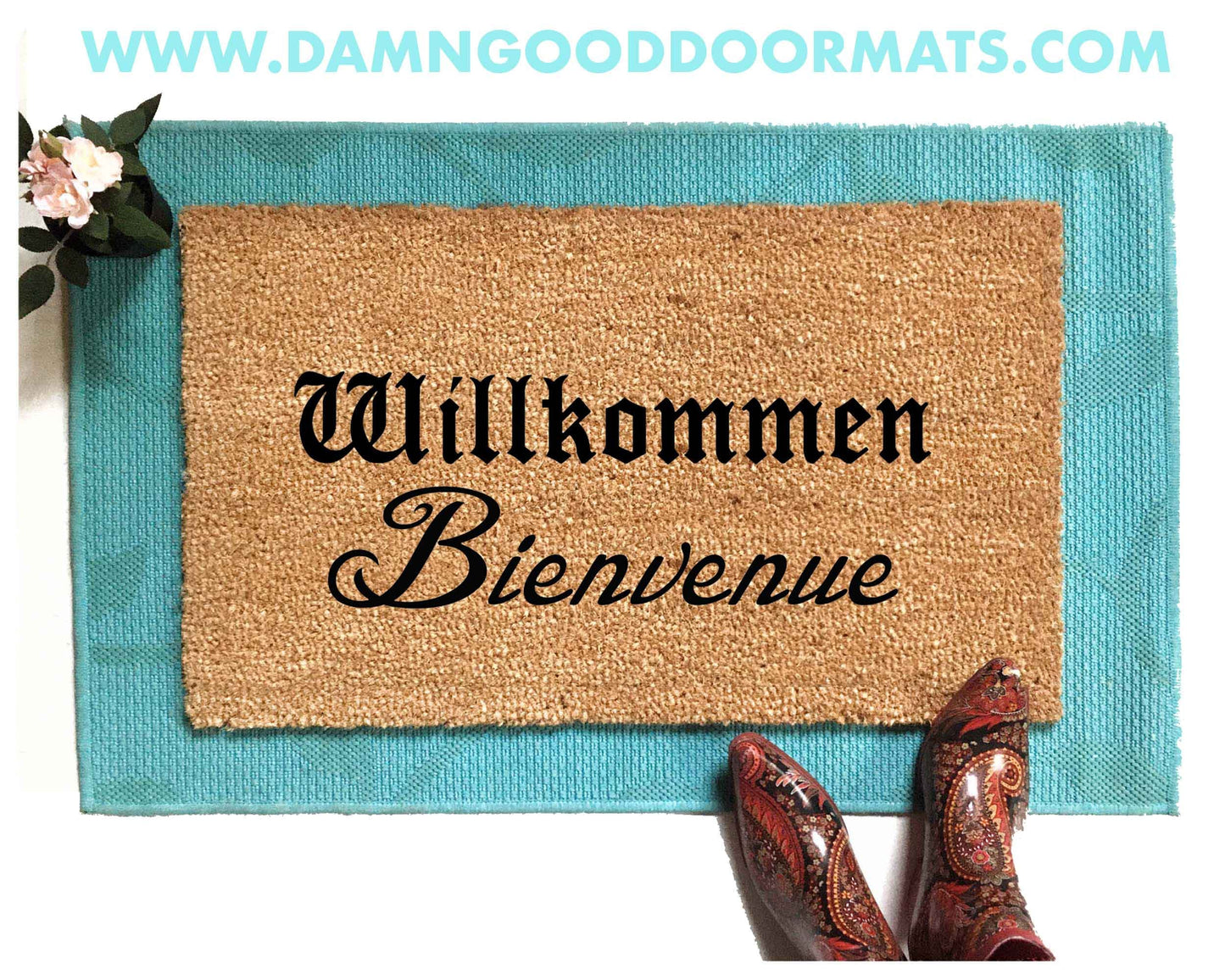 Promotional graphic for an all natural, sustainable, eco-friendly coir doormat made by Damn GoodDoormats