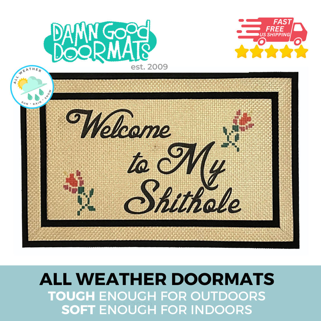 Promotional graphic for an all natural, sustainable, eco-friendly coir doormat made by Damn GoodDoormats