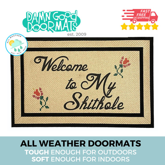 Promotional graphic for an all natural, sustainable, eco-friendly coir doormat made by Damn GoodDoormats