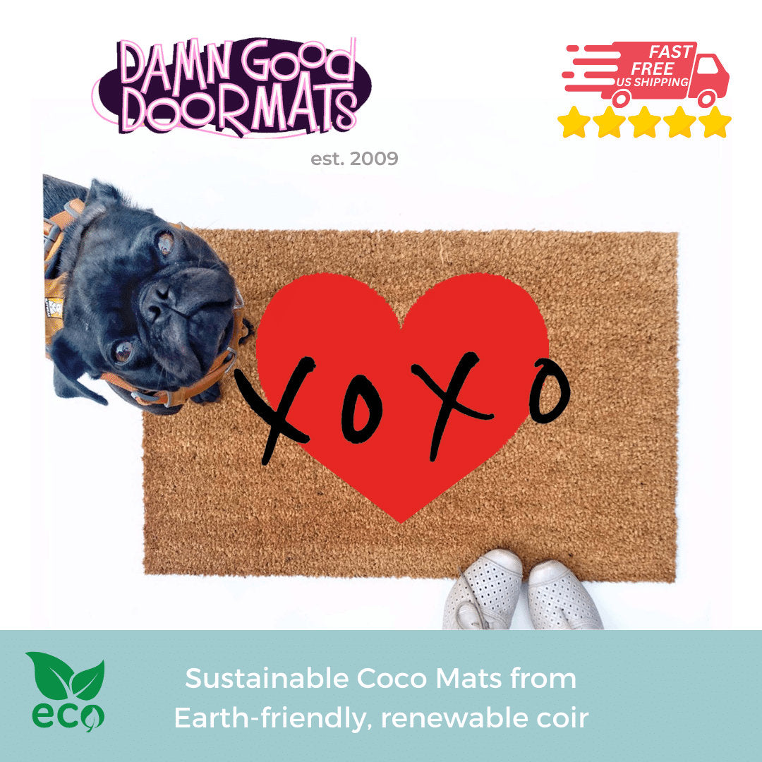 Promotional graphic for VALENTINE&#39;S DAY HEART doormats by Damn GoodDoormats