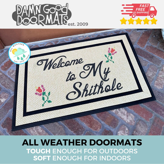 Promotional graphic for an all natural, sustainable, eco-friendly coir doormat made by Damn GoodDoormats