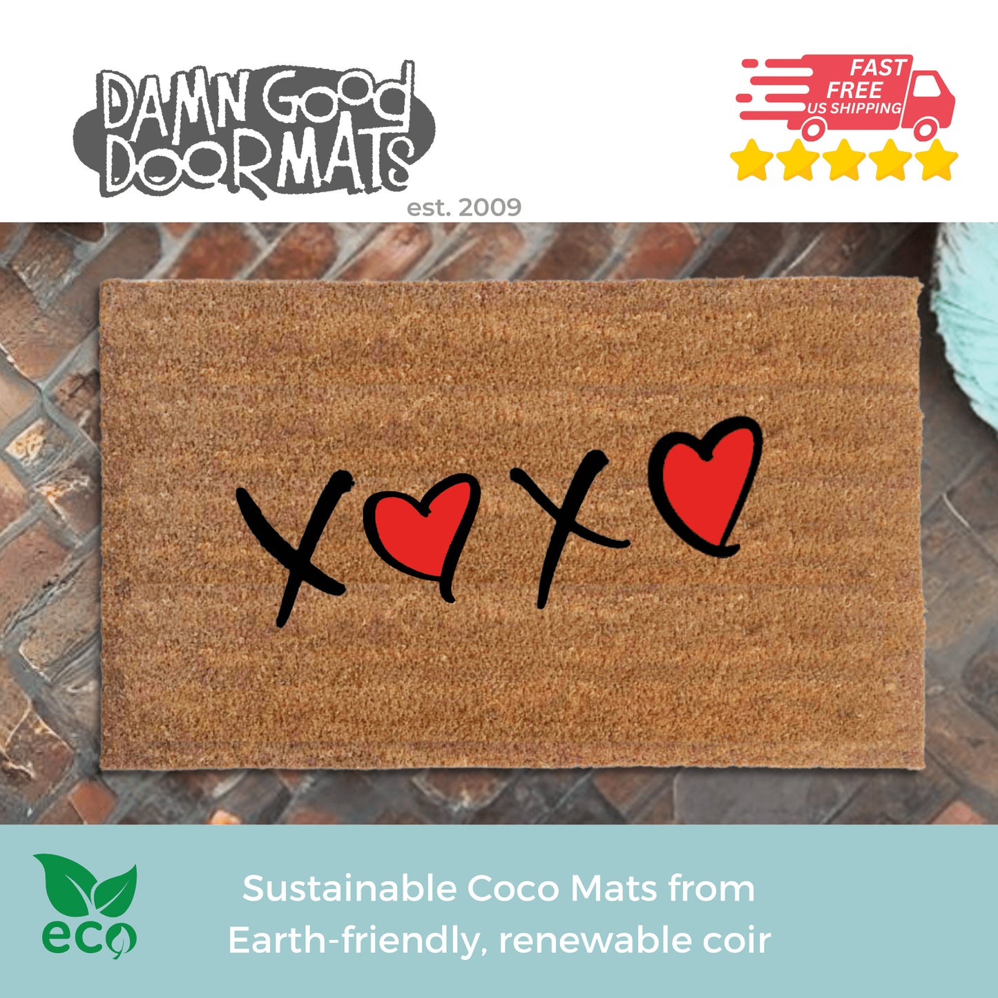 Promotional graphic for VALENTINE&#39;S DAY XOXO  doormats by Damn GoodDoormats