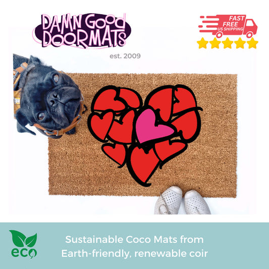 Promotional graphic for VALENTINES DAY HEART doormats by Damn GoodDoormats