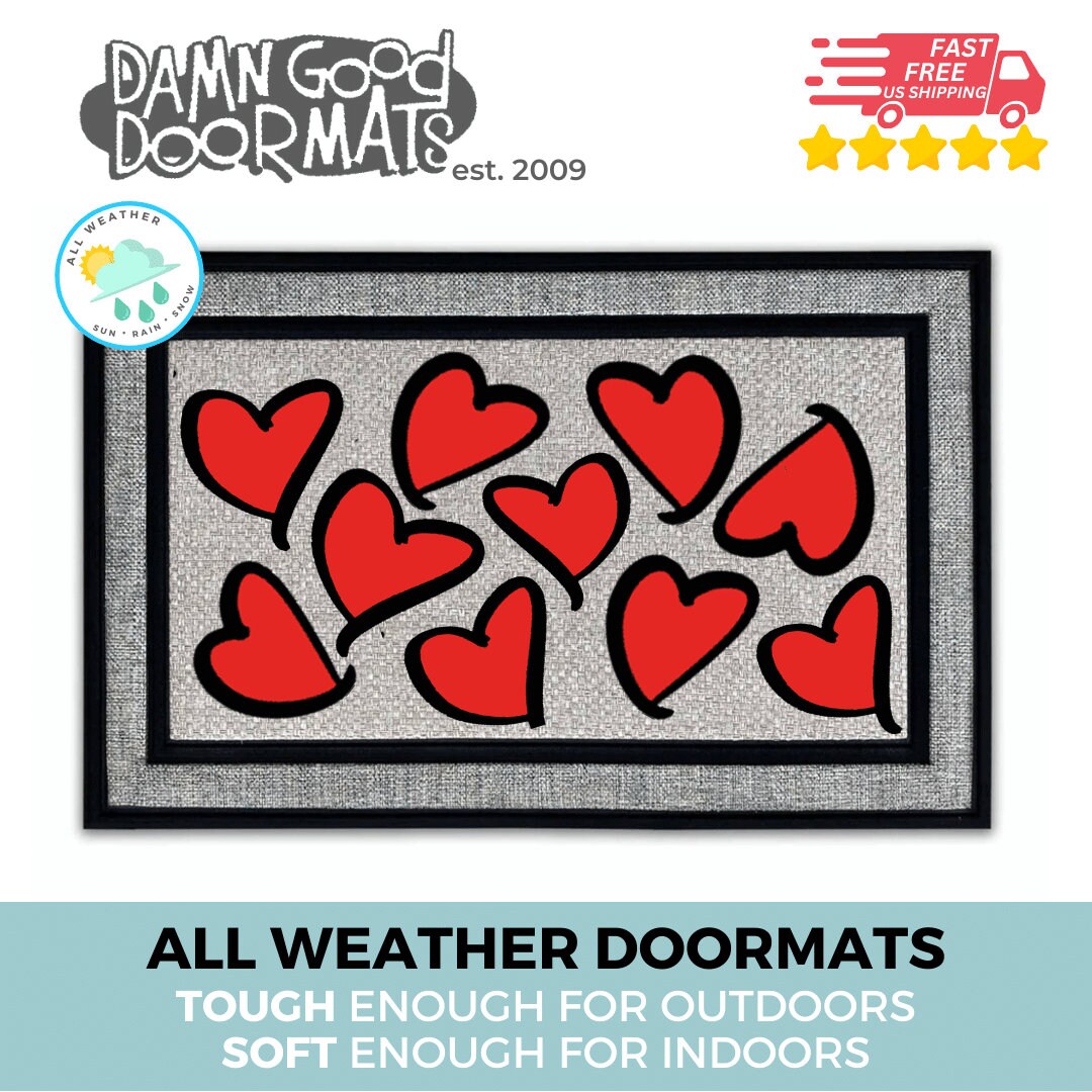 Promotional graphic for all weather VALENTINES DAY HEART doormats by Damn GoodDoormats