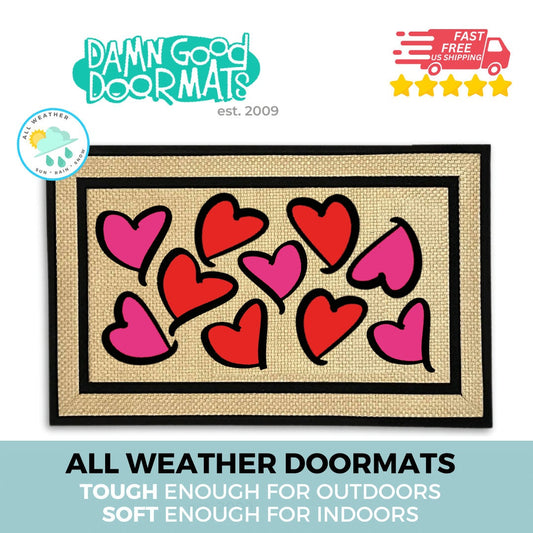 Promotional graphic for Damn Good Doormats all weather valentines day doormat with pink and red hearts