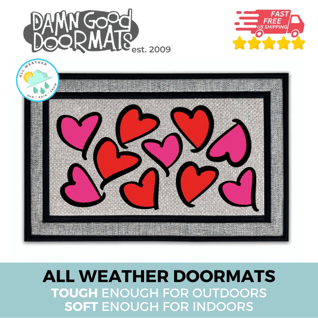 Promotional graphic for Damn Good Doormats all weather valentines day doormat with pink and red hearts