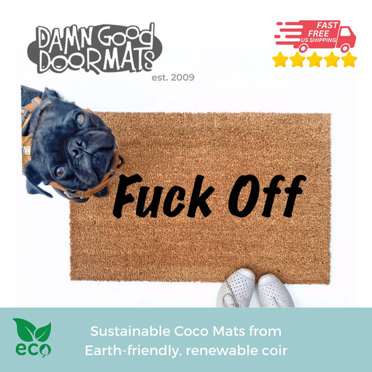 offensive fuck off coir doormat with a little black pug looking up