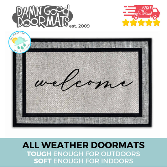 Promotional graphic for a recycled rubber all-weather &quot;welcome&quot; doormat made by Damn GoodDoormats