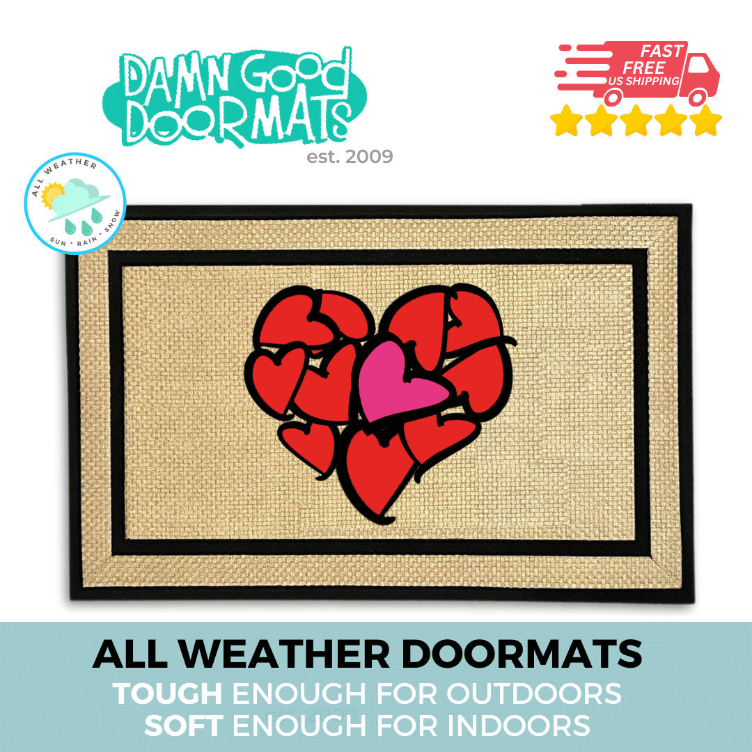 Promotional graphic for all weather VALENTINES DAY HEART doormat by Damn GoodDoormats