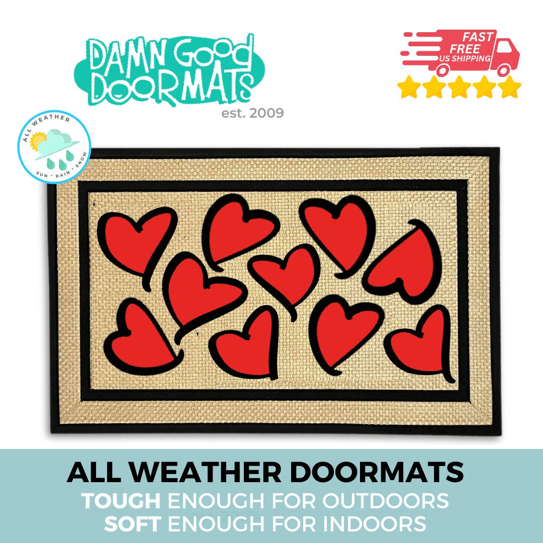 Promotional graphic for all weather VALENTINES DAY HEART doormats by Damn GoodDoormats