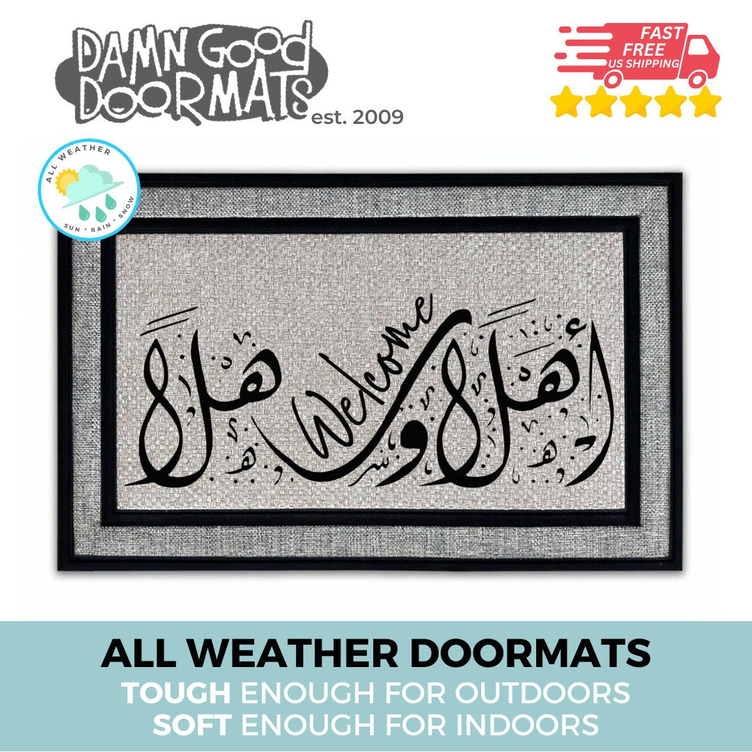 Promotional graphic for arabic all weather, recycled rubber doormat made by Damn GoodDoormats