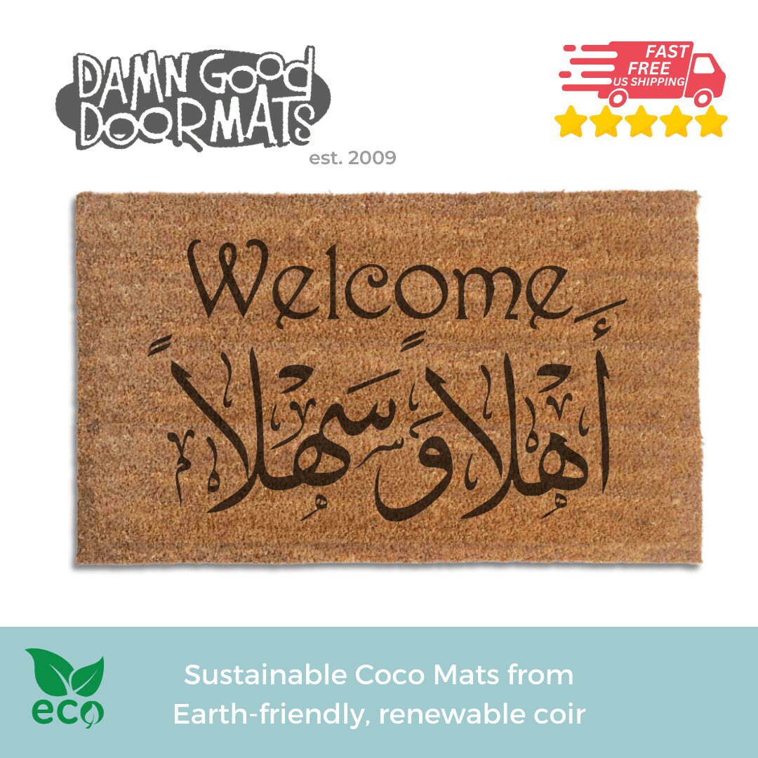 Promotional graphic for Arabic and English an all natural, sustainable, eco-friendly coir Welcome doormat made by Damn GoodDoormats