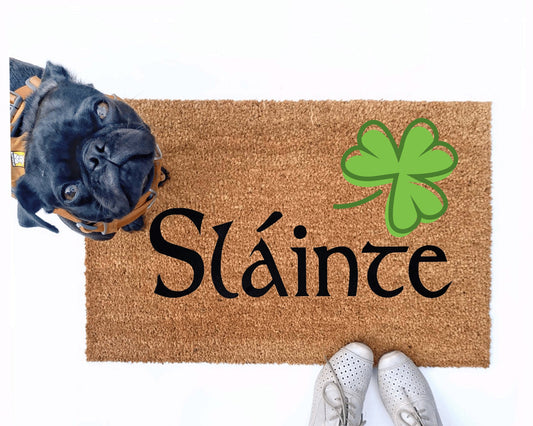 Irish Sláinte shamrock doormat, Toast to your health, drinking toast, doormat welcome languages ireland eco friendly