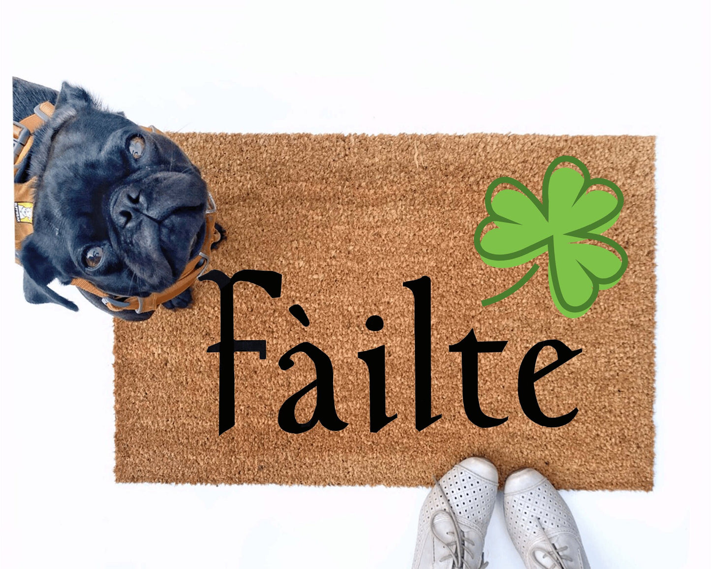 Promotional graphic for an all natural, sustainable, eco-friendly St Patrick&#39;s day Failte shamrock coir doormat made by Damn GoodDoormats