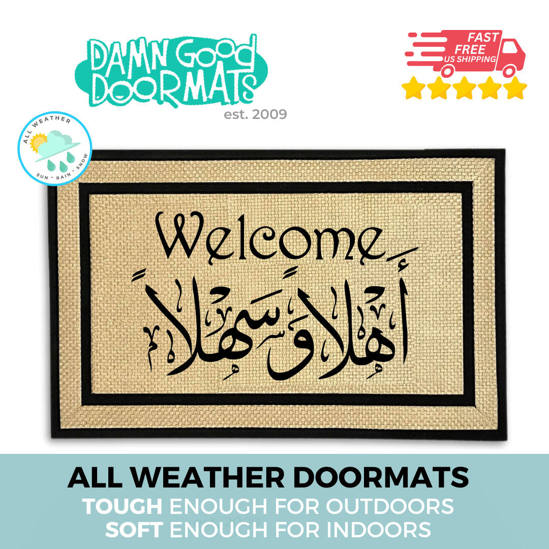 Promotional graphic for an all-weather, recycled rubber doormat made by Damn GoodDoormats with welcome in english and arabic calligraphy on it as front door decor for Ramadan and Eid