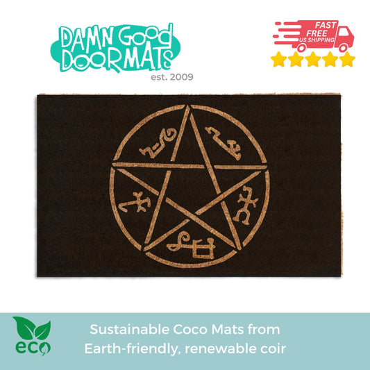 Promotional graphic for an all natural, sustainable, eco-friendly coir doormat made by Damn GoodDoormats