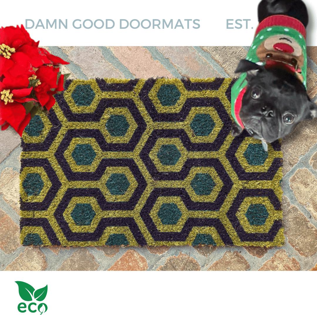 The Shining GREEN BLUE Hex pattern carpet | Boho doormat | Horror Movie Fan Gift | Damn Good Doormats